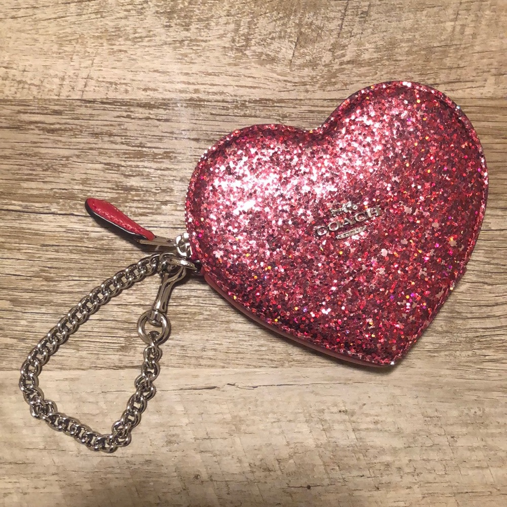 Coach Red Glitter Heart Shaped Coin Purse NIB